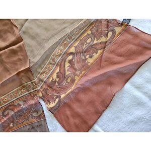 ELLEN TRACY Silk Scarf‎ CLASSIC PAISLEY Cognac Tan Sage Rectangle 57x10